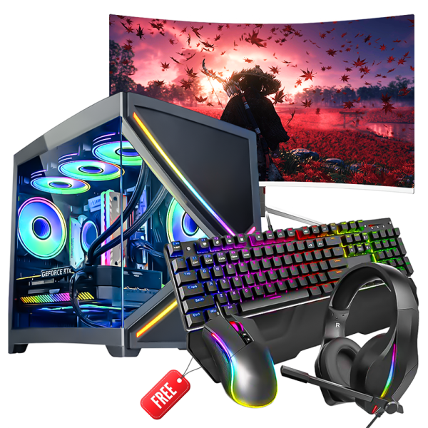 Full gaming set 27 inches curved 280 HZ monitor AMD Ryz5 ARCADE 16GB NVidia RTX 3050 1TB SSD with 360MM 3 Fan Liquid RGB Cooler Gaming PC Windows 11 Office and Antivirus, GPS 012