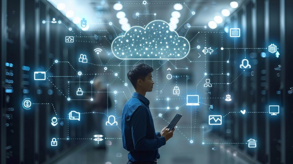 cloud computing concept connect devices cloud businessman information technologist with cloud