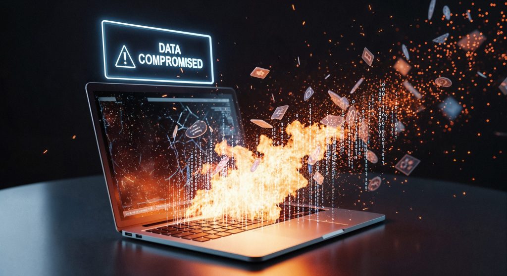 data breach laptop exploding cyber attack concept