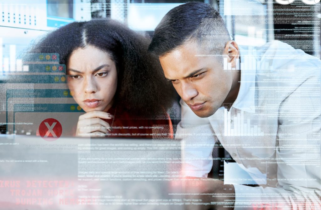hacker overlay programmer with futuristic data server cybersecurity network glitch data analysis it teamwork developer ux design future big data fintech ai tech