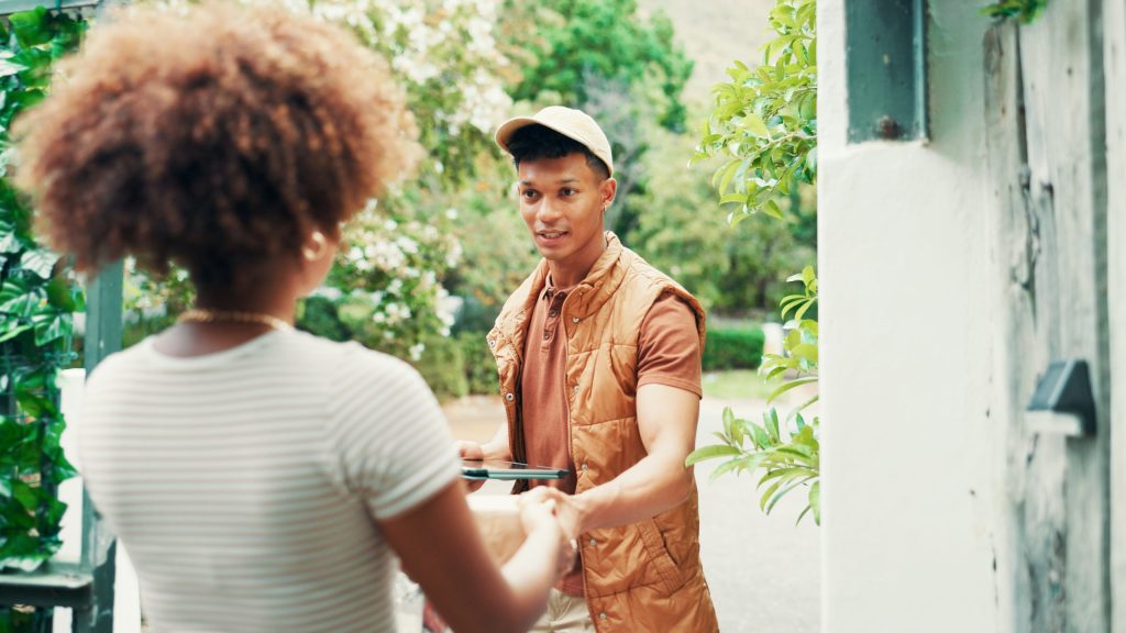 man woman food delivery house with package service thank you meal by gate people courier client with tablet application bag order distribution e commerce snack