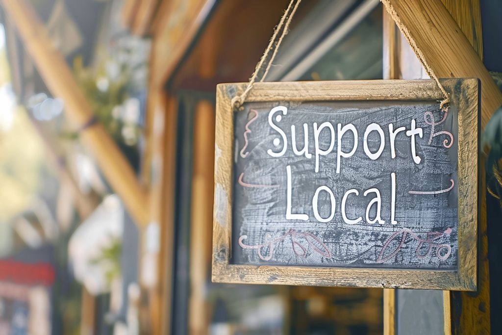 sign door shop with text support local