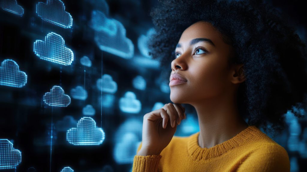 woman looking glowing digital cloud icons
